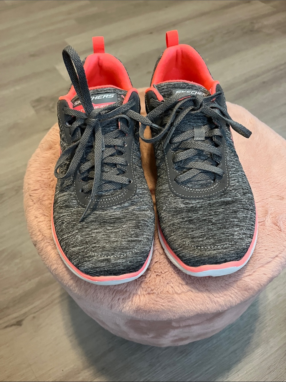 Skechers Women's Charcoal and Coral Knit Athletic Sneakers